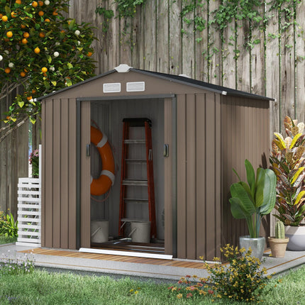 7ft x 4ft Lockable Metal Garden Storage Shed with Sliding Doors and Roof - Brown