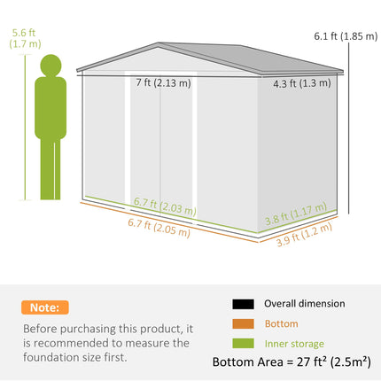 7ft x 4ft Lockable Metal Garden Storage Shed with Sliding Doors and Roof - Brown