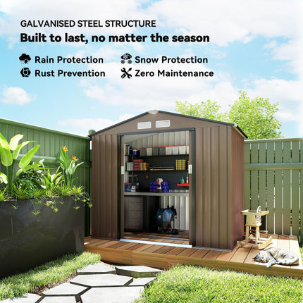7ft x 4ft Lockable Metal Garden Storage Shed with Sliding Doors and Roof - Brown