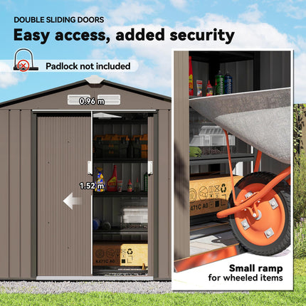 7ft x 4ft Lockable Metal Garden Storage Shed with Sliding Doors and Roof - Brown
