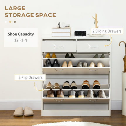 Narrow Shoe Cabinet with 2 Flip Drawers & Adjustable Shelves for 12 Pairs - White