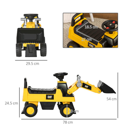 Licensed CAT Kids Construction Ride-On Toddler Digger with Manual Bucket, Horn & Storage - Yellow Black