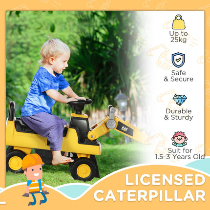 Licensed CAT Kids Construction Ride-On Toddler Digger with Manual Bucket, Horn & Storage - Yellow Black