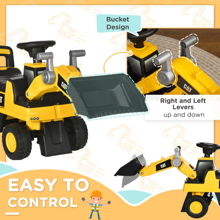 Licensed CAT Kids Construction Ride-On Toddler Digger with Manual Bucket, Horn & Storage - Yellow Black
