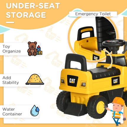 Licensed CAT Kids Construction Ride-On Toddler Digger with Manual Bucket, Horn & Storage - Yellow Black