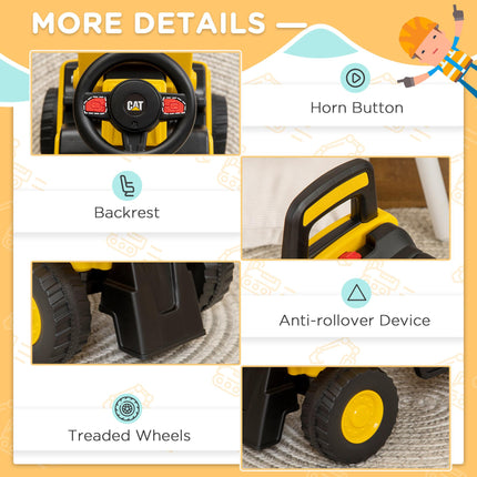 Licensed CAT Kids Construction Ride-On Toddler Digger with Manual Bucket, Horn & Storage - Yellow Black