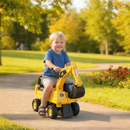 Licensed CAT Kids Ride-On Excavator Digger with Manual Bucket, Horn & Storage - Yellow & Black