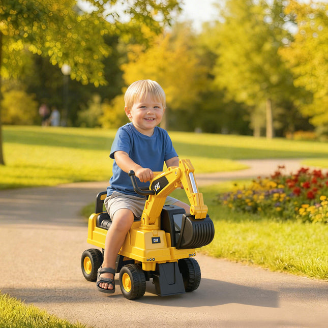 Licensed CAT Kids Ride-On Excavator Digger with Manual Bucket, Horn & Storage - Yellow & Black