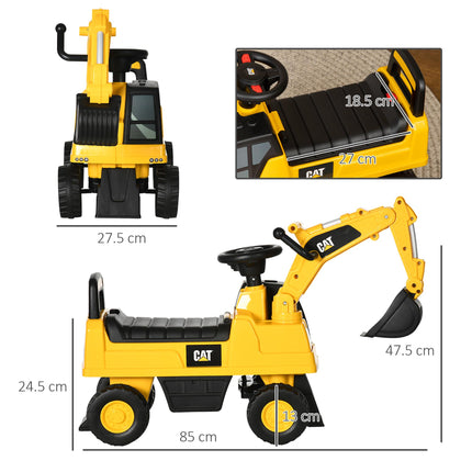 Licensed CAT Kids Ride-On Excavator Digger with Manual Bucket, Horn & Storage - Yellow & Black