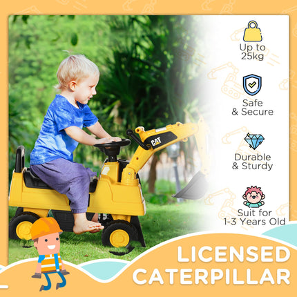 Licensed CAT Kids Ride-On Excavator Digger with Manual Bucket, Horn & Storage - Yellow & Black