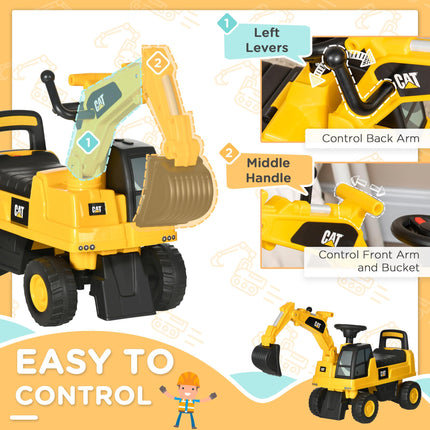 Licensed CAT Kids Ride-On Excavator Digger with Manual Bucket, Horn & Storage - Yellow & Black
