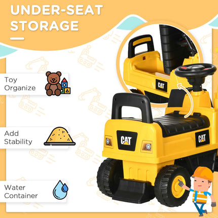 Licensed CAT Kids Ride-On Excavator Digger with Manual Bucket, Horn & Storage - Yellow & Black