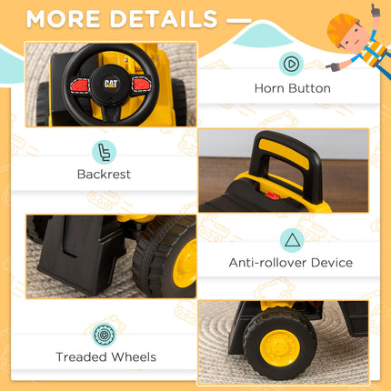 Licensed CAT Kids Ride-On Excavator Digger with Manual Bucket, Horn & Storage - Yellow & Black