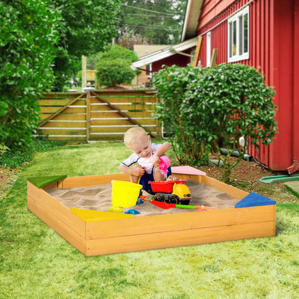 Kids Wooden Sand Pit with Four Seats and Non-Woven Fabric Base for Gardens and Playgrounds - Natural Wood Effect