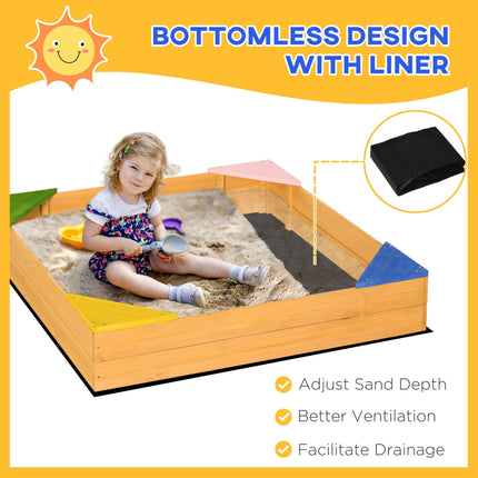 Kids Wooden Sand Pit with Four Seats and Non-Woven Fabric Base for Gardens and Playgrounds - Natural Wood Effect