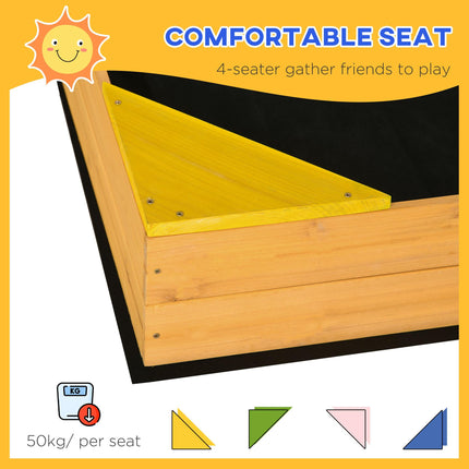 Kids Wooden Sand Pit with Four Seats and Non-Woven Fabric Base for Gardens and Playgrounds - Natural Wood Effect
