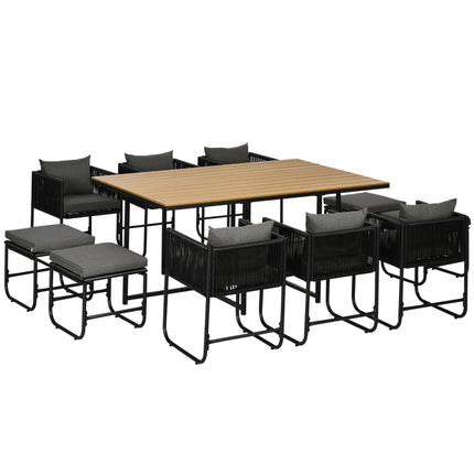 Patio 11-Piece PE Rattan Round Dining Set with Wood Grain Table Top 10-Seater - Black