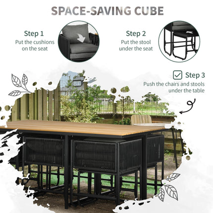 Patio 11-Piece PE Rattan Round Dining Set with Wood Grain Table Top 10-Seater - Black