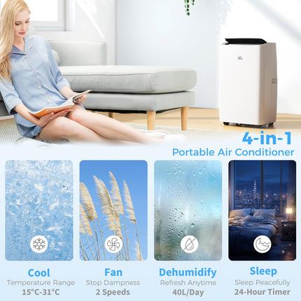 14,000 BTU Portable Air Conditioner with Dehumidifier, Remote, LED Display, Timer & Window Kit for 40m² - White