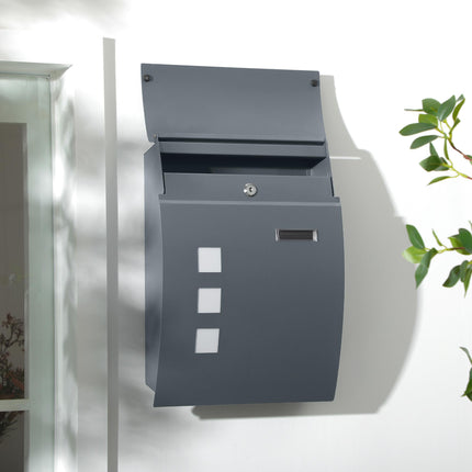 Wall Mounted Weatherproof Letter Box with 2 Keys, Viewing Window & Nameplate - Anthracite Grey