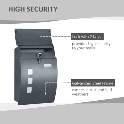 Wall Mounted Weatherproof Letter Box with 2 Keys, Viewing Window & Nameplate - Anthracite Grey