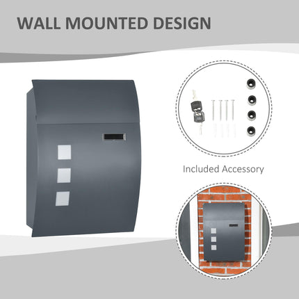Wall Mounted Weatherproof Letter Box with 2 Keys, Viewing Window & Nameplate - Anthracite Grey