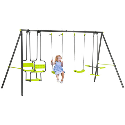 Metal Garden Swing Set with Double Swings and Glider Seats - Green