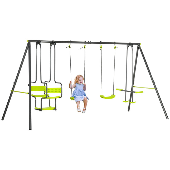 Metal Garden Swing Set with Double Swings and Glider Seats - Green