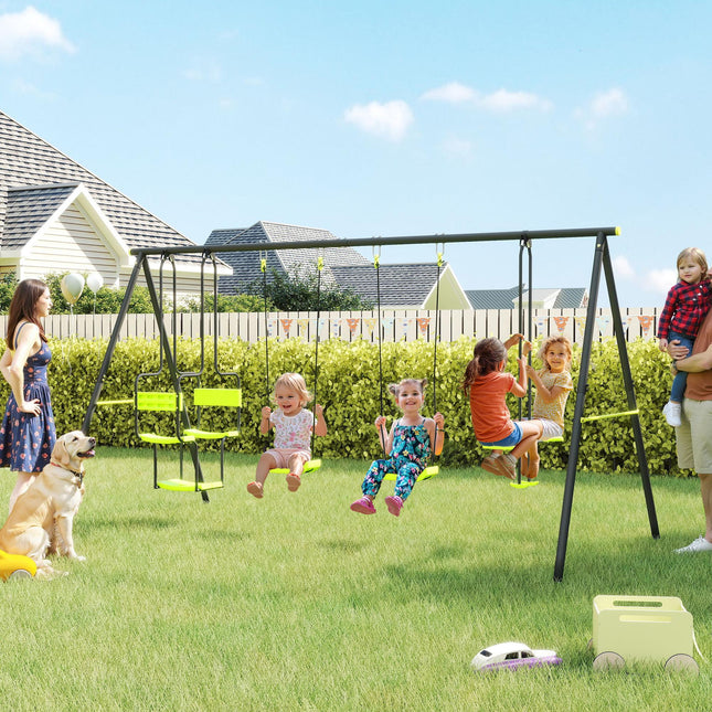 Metal Garden Swing Set with Double Swings and Glider Seats - Green