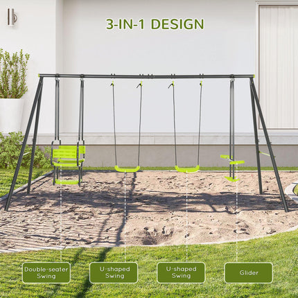 Metal Garden Swing Set with Double Swings and Glider Seats - Green