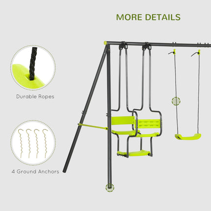 Metal Garden Swing Set with Double Swings and Glider Seats - Green