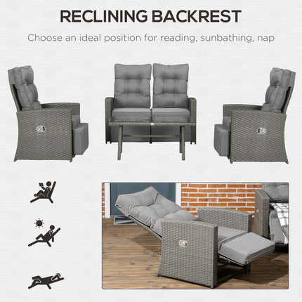4 Piece 4 Seater Rattan Garden Furniture Set with Reclining Armchairs and Glass Table - Grey