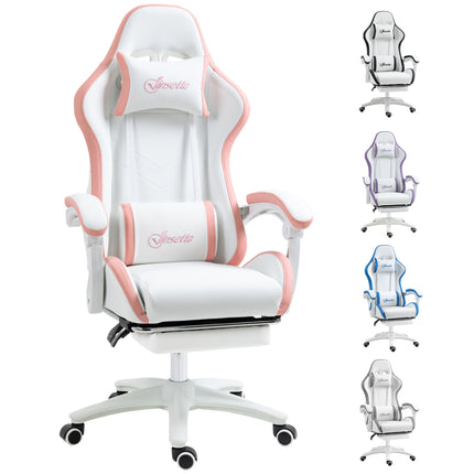 Racing Gaming Chair with Reclining Footrest and 360° Swivel, Removable Headrest - White and Pink