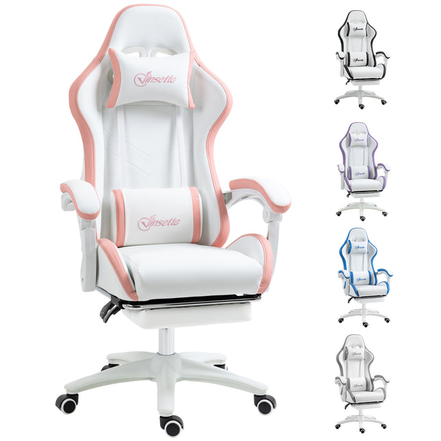 Racing Gaming Chair with Reclining Footrest and 360° Swivel, Removable Headrest - White and Pink