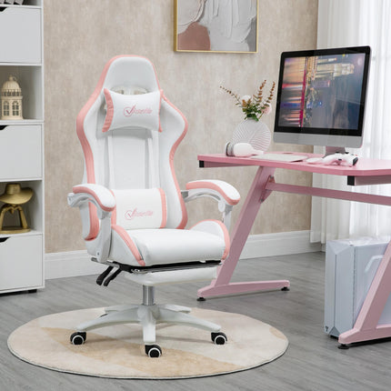 Racing Gaming Chair with Reclining Footrest and 360° Swivel, Removable Headrest - White and Pink