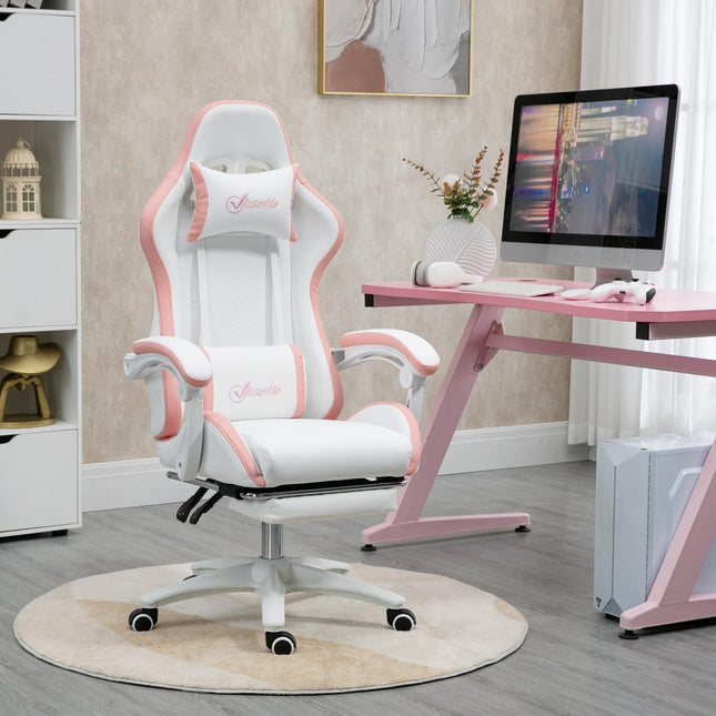 Racing Gaming Chair with Reclining Footrest and 360° Swivel, Removable Headrest - White and Pink