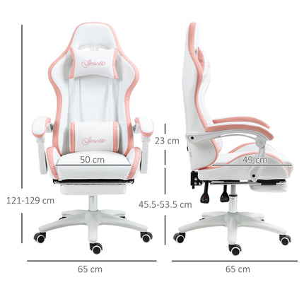 Racing Gaming Chair with Reclining Footrest and 360° Swivel, Removable Headrest - White and Pink