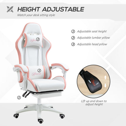 Racing Gaming Chair with Reclining Footrest and 360° Swivel, Removable Headrest - White and Pink