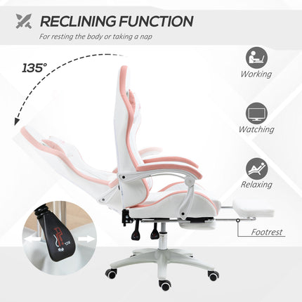 Racing Gaming Chair with Reclining Footrest and 360° Swivel, Removable Headrest - White and Pink