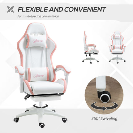 Racing Gaming Chair with Reclining Footrest and 360° Swivel, Removable Headrest - White and Pink