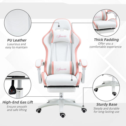 Racing Gaming Chair with Reclining Footrest and 360° Swivel, Removable Headrest - White and Pink