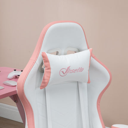 Racing Gaming Chair with Reclining Footrest and 360° Swivel, Removable Headrest - White and Pink
