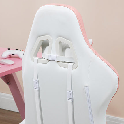 Racing Gaming Chair with Reclining Footrest and 360° Swivel, Removable Headrest - White and Pink
