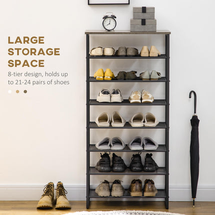 8-Tier Freestanding Shoe Rack Organizer for 21-24 Pairs with Mesh Shelves - Black and Grey