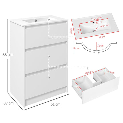 600mm Bathroom Vanity Unit with Basin and Drawers - High Gloss White