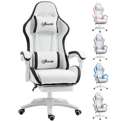 Racing Gaming Chair with Reclining, 360° Swivel, Footrest & Removable Headrest - White and Black
