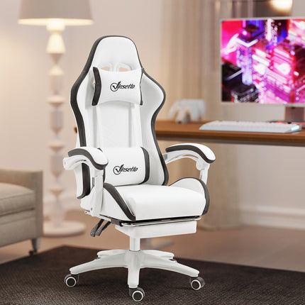 Racing Gaming Chair with Reclining, 360° Swivel, Footrest & Removable Headrest - White and Black