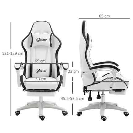 Racing Gaming Chair with Reclining, 360° Swivel, Footrest & Removable Headrest - White and Black