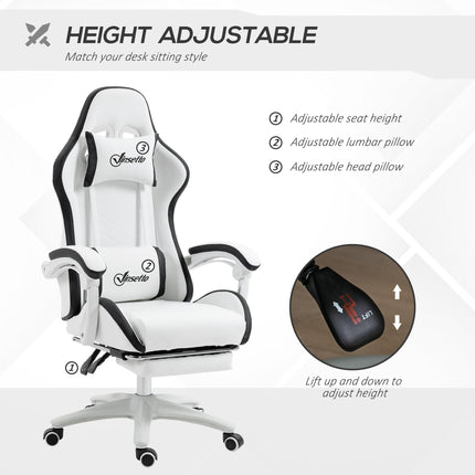 Racing Gaming Chair with Reclining, 360° Swivel, Footrest & Removable Headrest - White and Black