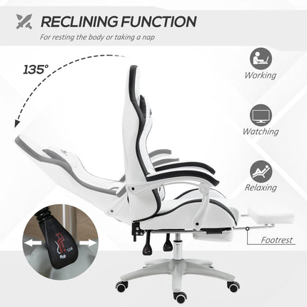 Racing Gaming Chair with Reclining, 360° Swivel, Footrest & Removable Headrest - White and Black